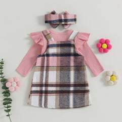 CREAIRY 3Pcs Baby Girl Clothes Knitted Long Sleeve Romper Bodysuit T-Shirt Tops Plaid Suspender Dress Skirt Set Fall Outfits, for 0-3 Months