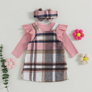 CREAIRY 3Pcs Baby Girl Clothes Knitted Long Sleeve Romper Bodysuit T-Shirt Tops Plaid Suspender Dress Skirt Set Fall Outfits, for 0-3 Months