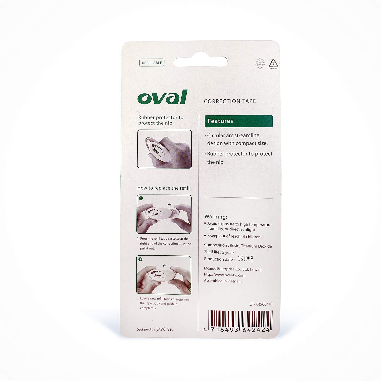 OVALCORRECTION TAPE 5MM X 12M + 1REFILL IN A BLISTER CARD, WHITE, CTKR506/1R