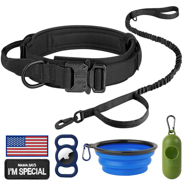 HYDEME Tactical Dog Collar Adjustable Nylon Collar with Control Handle and Heavy Metal Buckle for Medium and Large Dogs, with Patches&Airtags Case&Poop Bag Dispenser&Portable Bowl. (M, Black-Set)