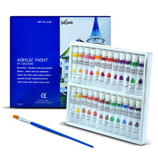 Gulf Goods Acrylic Paint Set - 24 Tubes (12 ML) With Paint Brush - 24 Colors - Non Toxic, Rich pigments - Ideal for Canvas Painting - Non Fading - Choice of Artists, Hobbyists and Kids