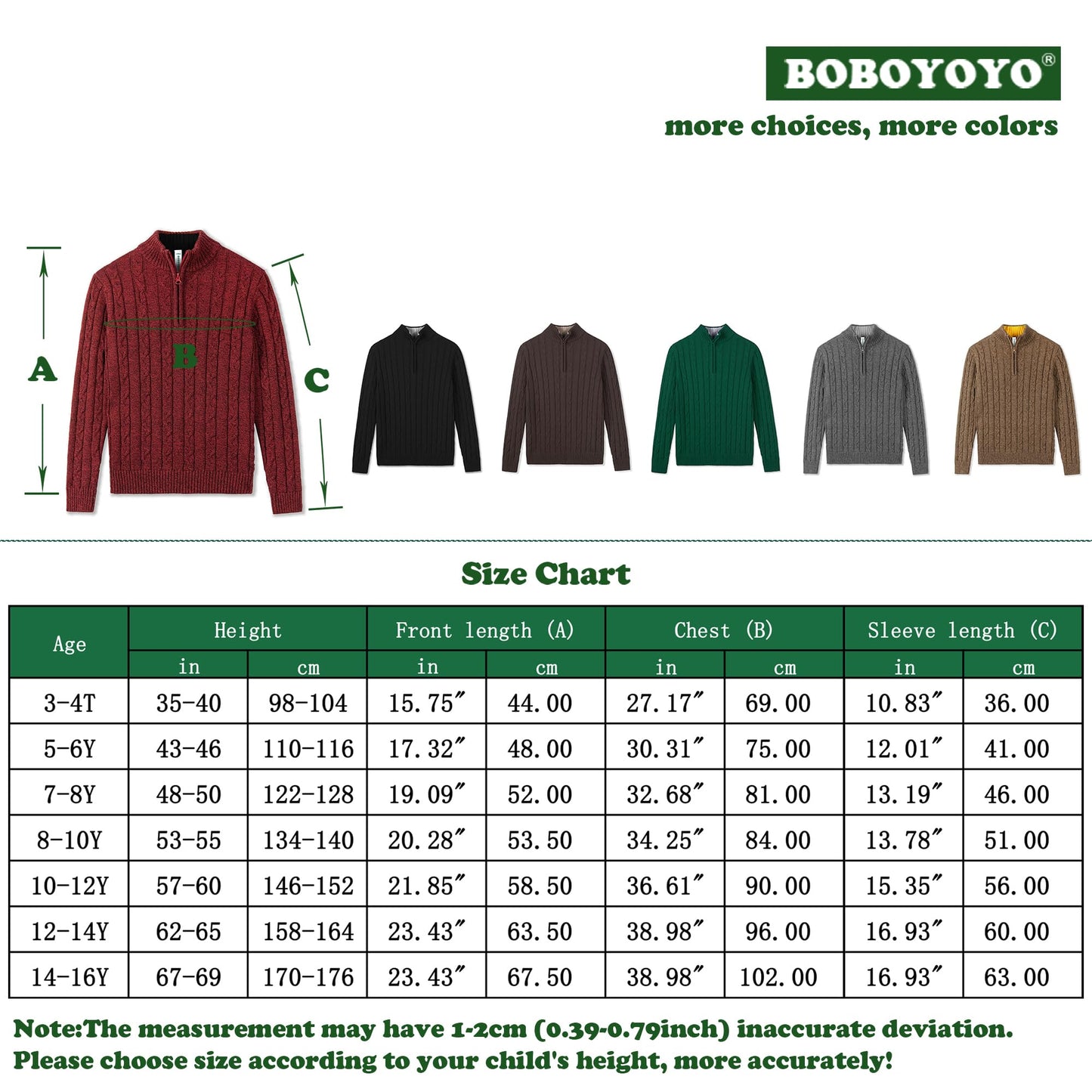 BOBOYOYO Boys Sweater Qurter Zip Pullover 100% Cotton Cable Knit Sweater Turtleneck for Kids 3-16 Years