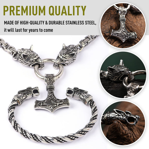 VikingsBrand Handmade Stainless Steel Thor’s Hammer Necklace with Wolf Heads – Mjolnir Pendant, Viking Gifts for Men – Norse Jewelry for Men – Authentic Scandinavian Men’s Accessories