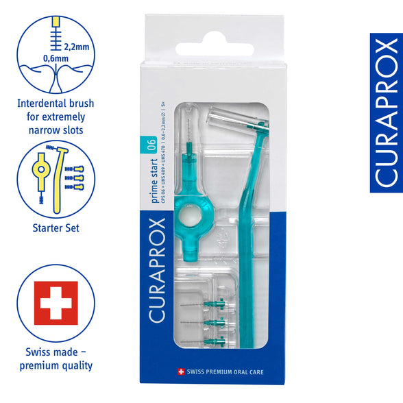 Curaprox CPS 06 Prime Start Interdental Brush Kit, Turquoise - 5 x 0.6mm - 2.2mm Interdental Brushes + 2 Interdental Toothbrush holders