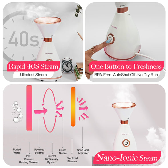 3-in-1 Nano Ionic Facial Steamer|Humidifier|Aroma Therapy Oil Tablets| Dense Steam| Large 80ml tank| Unclogs Pores - Blackheads - Spa Quality - Bonus Aroma Therapy Tablets