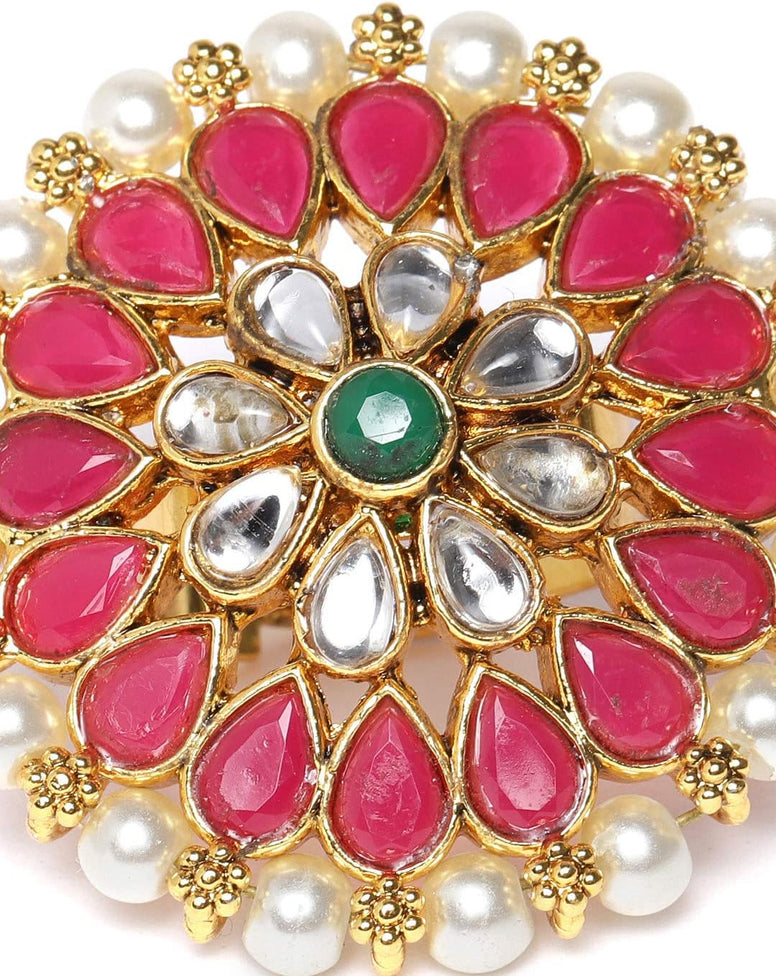 ZAVERI PEARLS Pink And Green Stones And Pearls Base Metal Flower Traditional Finger Ring For Women - Zpfk9544