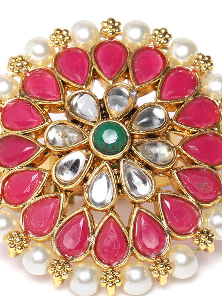 ZAVERI PEARLS Pink And Green Stones And Pearls Base Metal Flower Traditional Finger Ring For Women - Zpfk9544