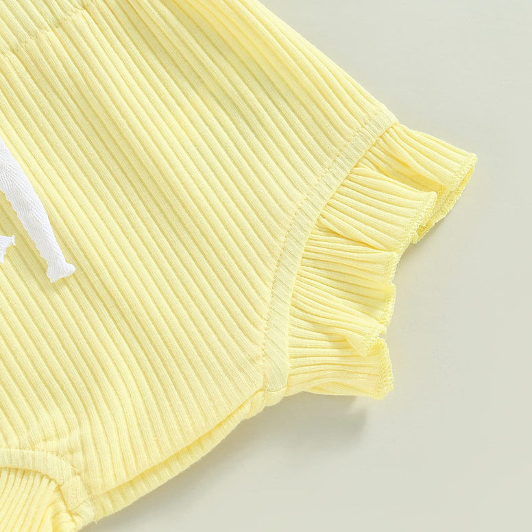 Infant Baby Girl Clothes Summer Ribbed Knitted Fly Sleeve Rompers Ruffles Shorts Headwear Outfits Newborn Clothing(3-6 M )