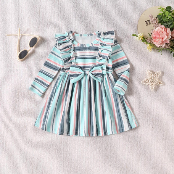 Neutocd Infant Toddler Baby Girl Clothes Ruffle Long Sleeve Casual Dress Color Stripes Gift Cute Fall Winter 3-24 Months