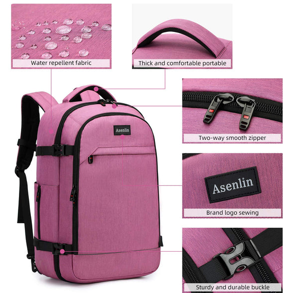 Asenlin 40L Travel Backpack for Women Men，17 Inch Laptop Backpack Flight Approved Luggage Carry On Water Resistant Computer Backpack for Weekender Overnight Large Daypack Pink