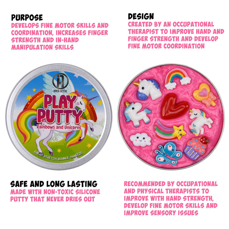 INNER-ACTIVE Play Putty Therapy Putty for Kids with Charms Rainbow and Unicorns Theraputty Soft Resistance, Increase Fine Motor Skills and Finger Strength, Occupational Therapy Sensory Toy