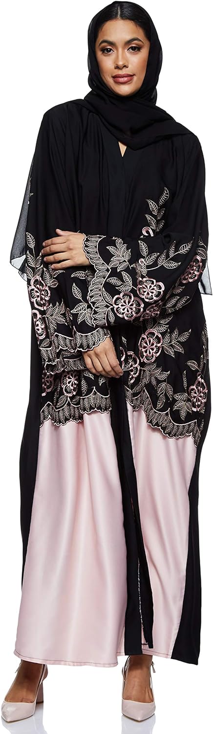 Nukhbaa Womens Black Abaya With Pink Embroidery Detail.Abaya Comes With Matching Hijab COMP5056 Abaya (pack of 5)