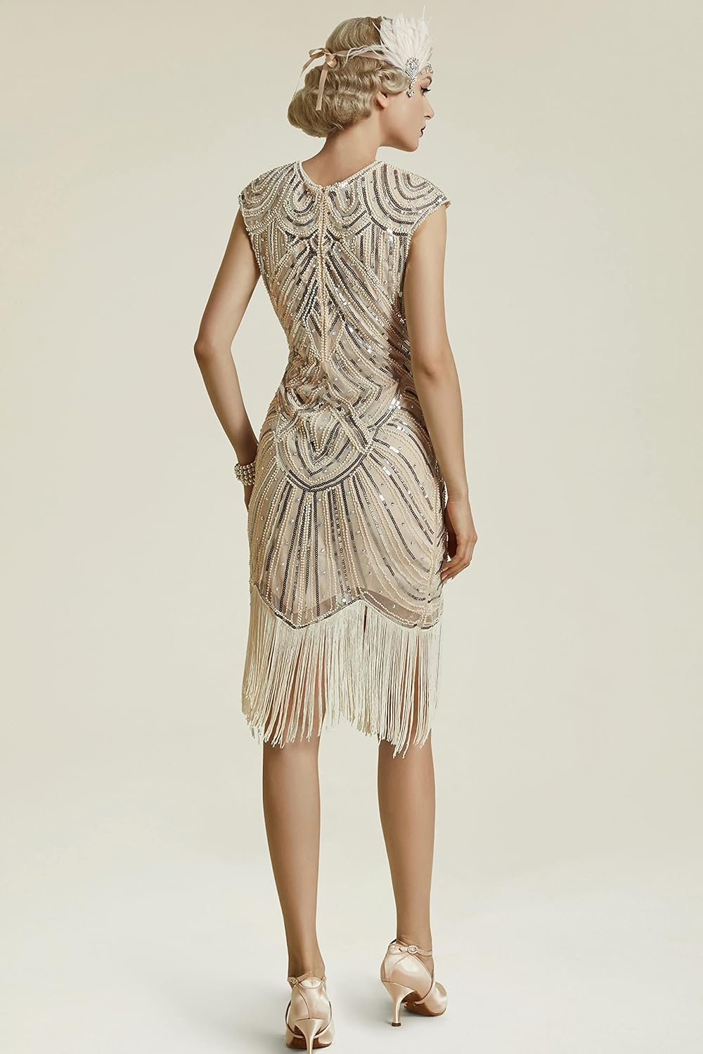 Excefore Women's Flapper Dresses 1920s Beaded Fringed Great Gatsby Dress, Beige/M