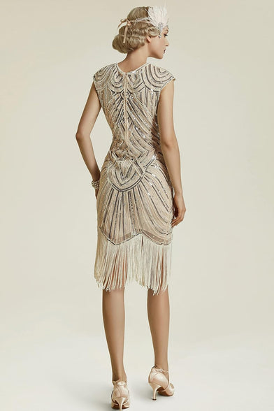 Excefore Women's Flapper Dresses 1920s Beaded Fringed Great Gatsby Dress, Beige/M