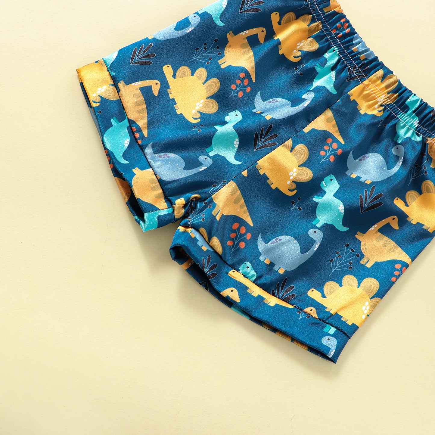 Qiylii Toddler Baby Boy Silk Pajamas Cow/Dinosaur Satin Pajamas Set Short Sleeve Button-Up Top Shorts 2PC PJs Summer 1 Year