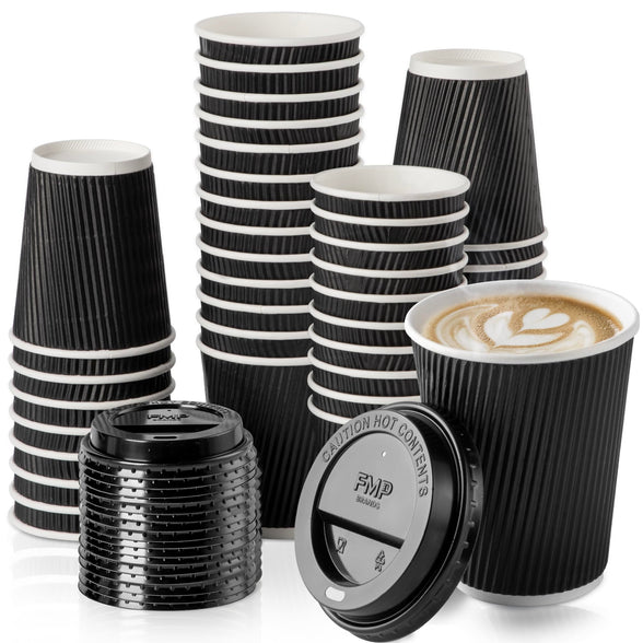 Fit Meal Prep [50 Pack] Disposable Hot Cups with Lids - 12 oz Black Double Wall Insulated Ripple Sleeves Coffee Cups with Black Dome Lid - Kraft Paper Cup for To Go Chocolate, Tea, and Cocoa Drinks