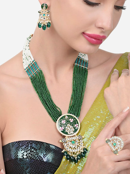 Zaveri Pearls Green Pink Meenakari Multistrand Beaded Long Kundan Necklace Earring & Ring Set For Women-ZPFK15624