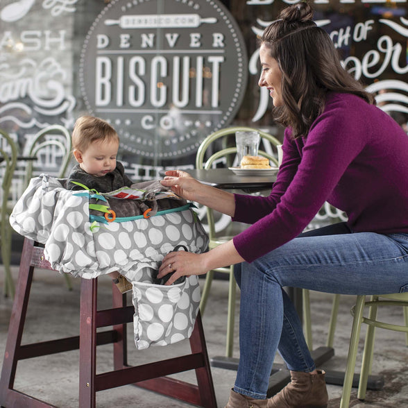 Boppy Shopping Cart and High Chair Cover—Preferred | Gray Jumbo Dots with Attached Crinkle Book Toy| With Integrated Storage Pouch | 2-Point Safety Belt | Wipeable, Machine Washable | 6-48 months