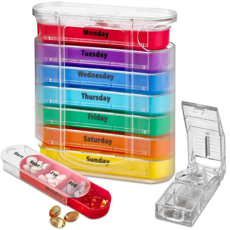Weekly Pill Organizer with Pill Cutter - V-Grip Pill Splitter Stackable Pill Medicine, Vitamin Organizer with 4 Times-a-Day Daily Compartments, Pill Reminder with Stackable AM/PM Boxes