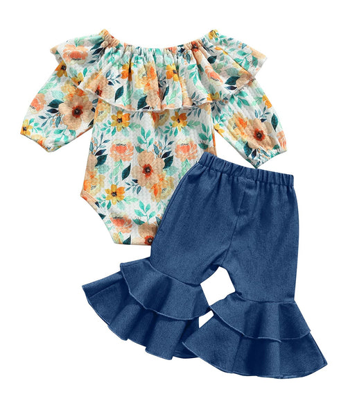 0-18M Infant Baby Girl Clothes Set Floral Print Ruffle Collar Long Sleeve Romper+Denim Flare Pants