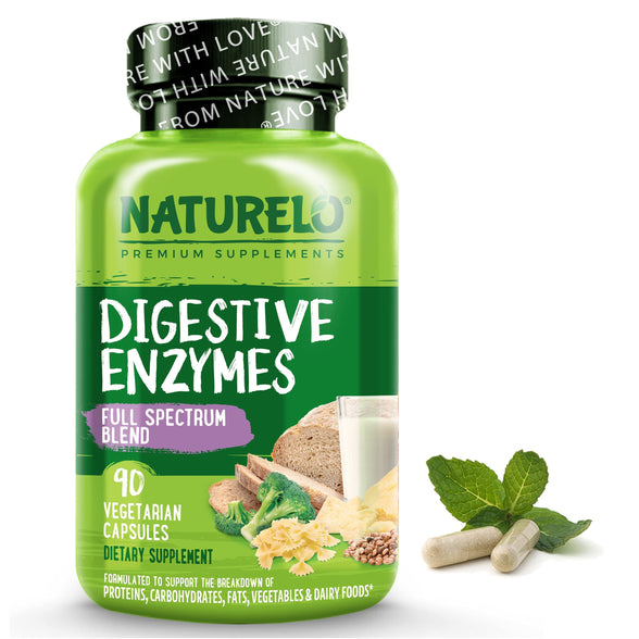 NATURELO Digestive Enzymes | Full Spectrum Support with a Broad Blend of 15 Enzymes Plus Ginger | Post-meal Bloating Relieft, Helps reduce Gas and Discomfort | 90 Vegan Capsules