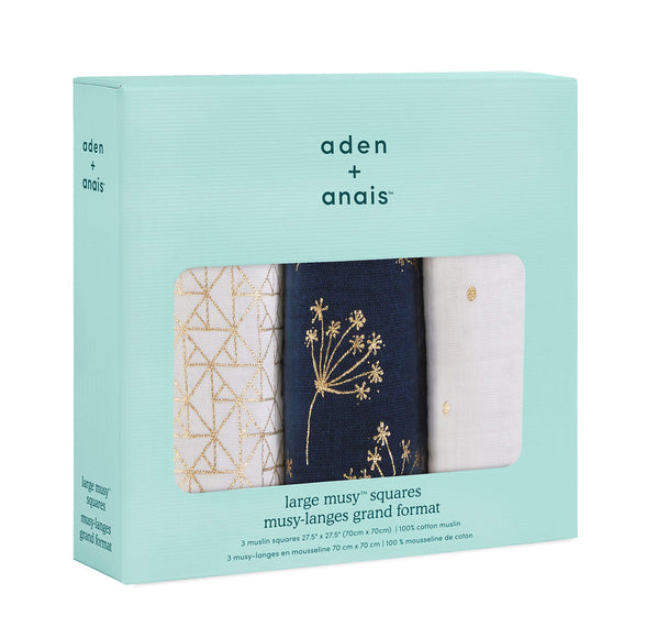 aden + anais Musy Squares - Gold, Pack of 3 | Large 100% Cotton Muslin Cloth | Soft & Lightweight Unisex Baby Essentials | Cloths for Newborn Girls & Boys | Ideal