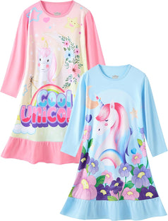 LOLPIP Girls Nightgowns 2-Pack Long Sleeves Kids Unicorn Cartoon Cotton Casual Dresses Children Size Large,6-7 Years