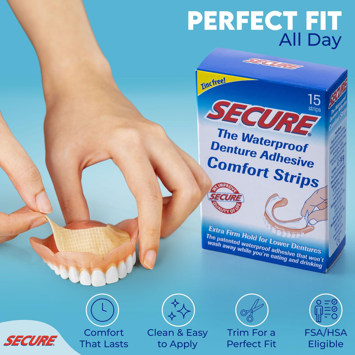 Secure Denture Adhesive Strips 15 Ea Pack of 5 Multi