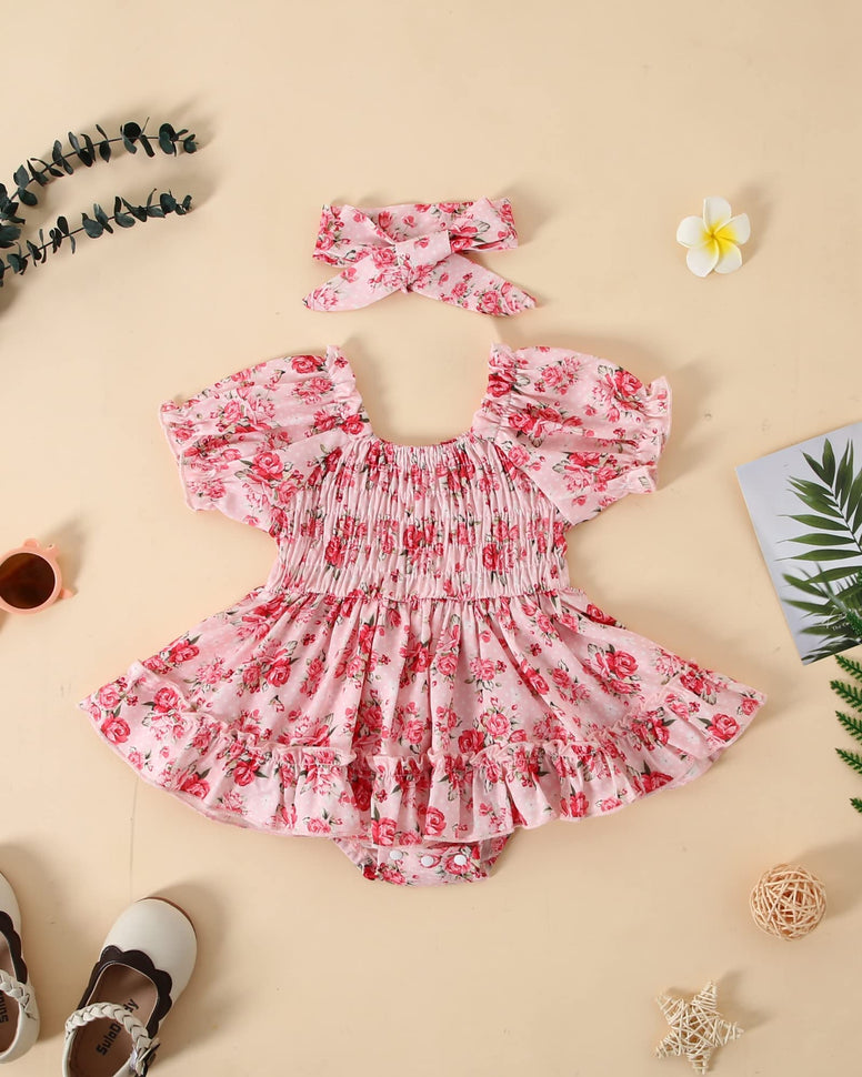 WESIDOM Baby Girls Dress Clothes Newborn Infant Romper Short Sleeve Mesh Skirts Jumpsuit Spring Summer Bodysuit with Headband(3-6 M)