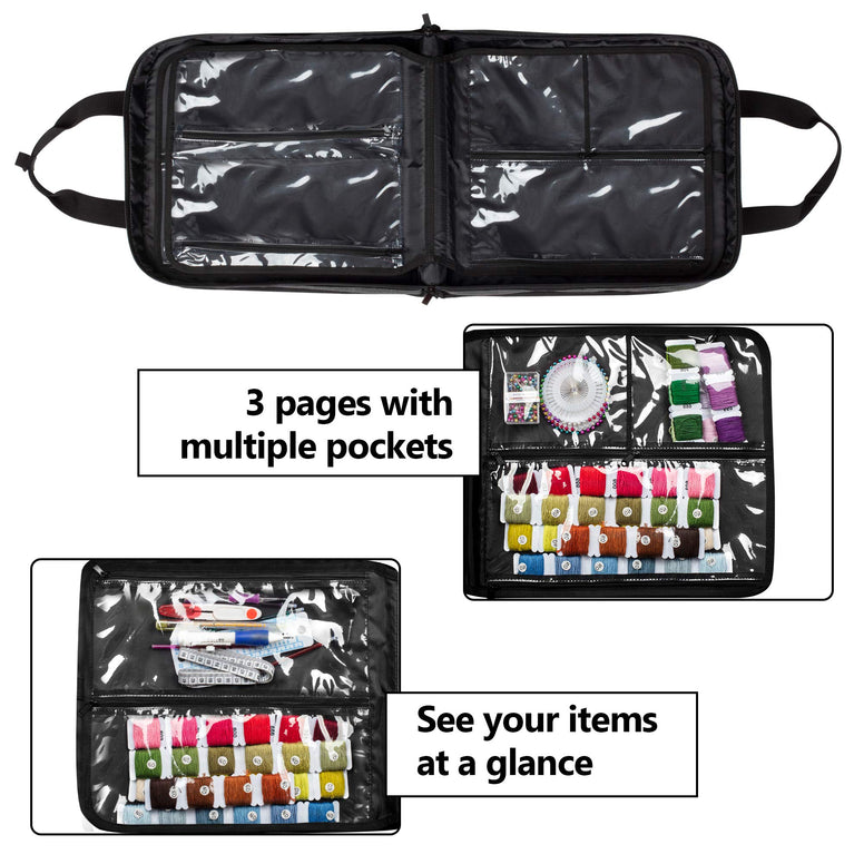 YARWO Embroidery Bag, Embroidery Projects Storage with Multiple Pockets for Embroidery Hoops (Up to 12"), Embroidery Floss and Supplies, Black with Arrow (Bag Only)