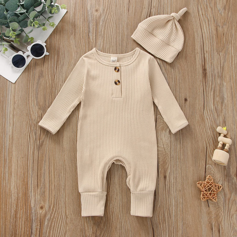 BULINGNA Newborn Infant Baby Boy Girl Long Sleeve Knit Ribbed Jumpsuit Solid Color Gender Neutral Baby Clothes with Hat(3-6M)