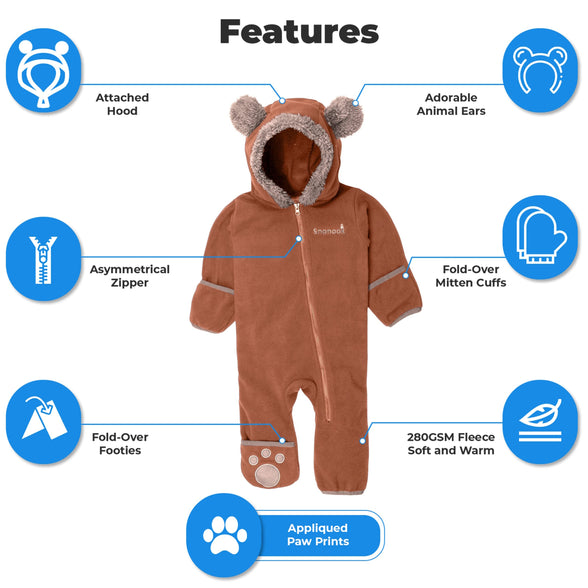 Snonook Fleece Baby Bunting Bodysuit – Baby Winter Suit for Infant Girls and Infant Boys with Fleece Hood and Mittens (0-3 Months)