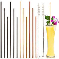 (Straight) - 12+2 Pcs Reusable Stainless Steel Straws, Metal Straws, 4 Colours Gold, Silver, Rose Gold & Black - 590ml & 890ml Tumblers Straws (Straight)