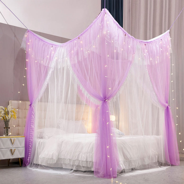 VETHIN 4 Corners Post Ruffle Princess Bed Canopy Curtain-Double Layer Cozy Drape Netting 4 Opening Mosquito Net for Girls Adults Bedroom Decoration (Double-Purple, 59" W*82" L*82"*H/(Queen))