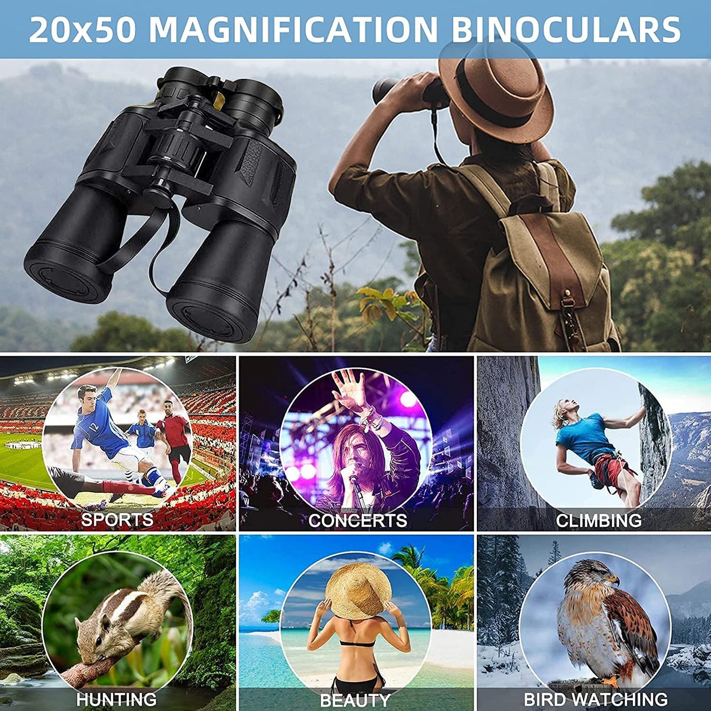 TDOO 20x50 Binoculars for Adults Professional Powerful Binoculars for Travel Bird Sightseeing Watching Hunting Wildlife Ou r Sports Games and Concerts (BLACK 4)