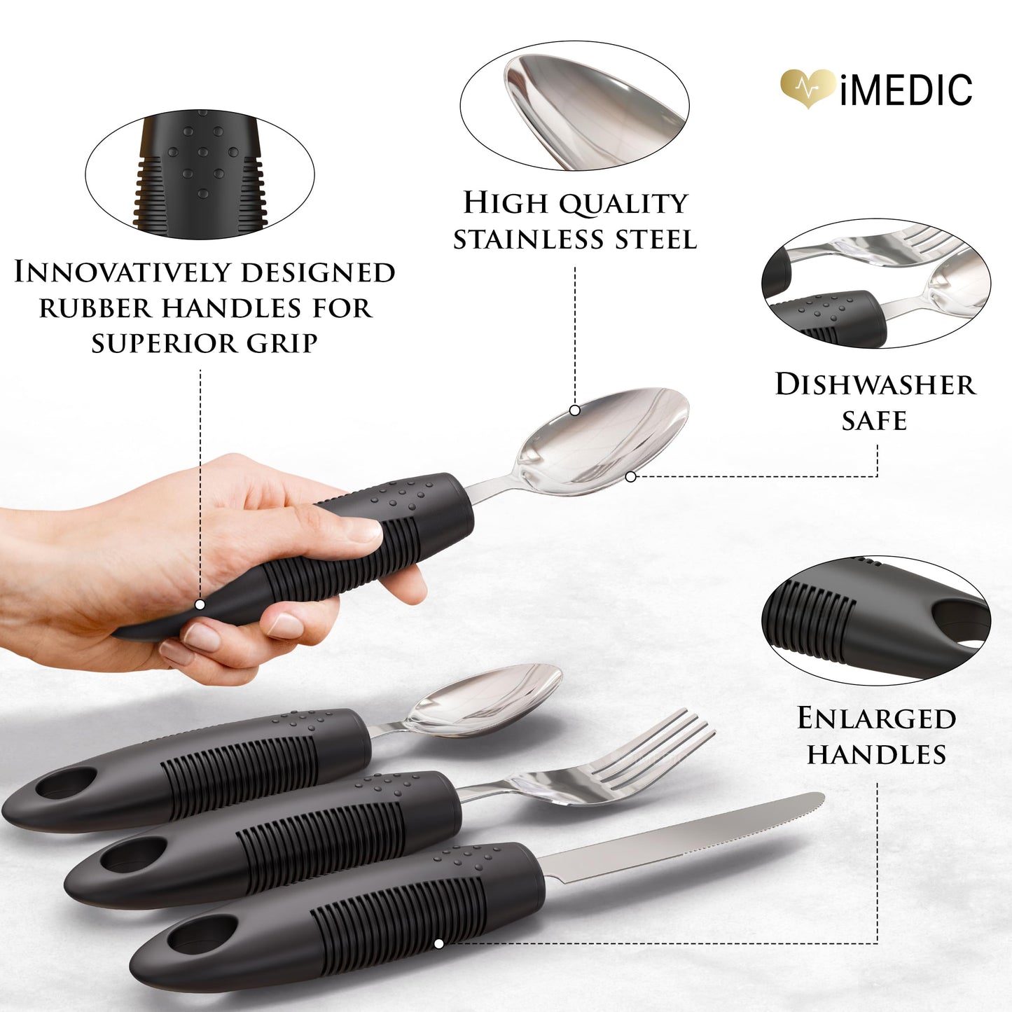 Medipaq Comfort Grips Cutlery - Disability Eating Aids - Great for The Elderly, Disabled or Those Suffering with Tremors and Trembling Hands - (Black Extra Grip (1x Set))