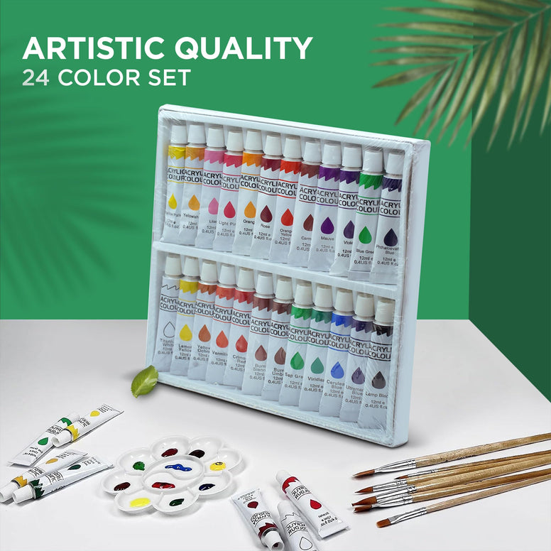 Gulf Goods Acrylic Paint Set - 24 Tubes (12 ML) With Paint Brush - 24 Colors - Non Toxic, Rich pigments - Ideal for Canvas Painting - Non Fading - Choice of Artists, Hobbyists and Kids