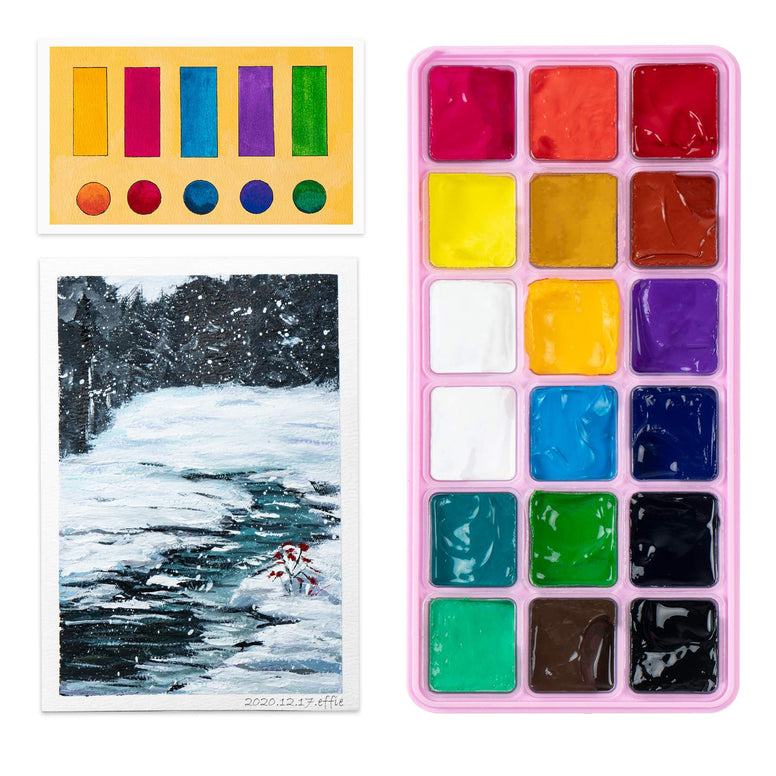 MIYA Gouache Paint Set, 18 Colors x 30ml Unique Jelly Cup Design, Portable Case with Palette for Artists, Students, Gouache Watercolor Painting (Pink)