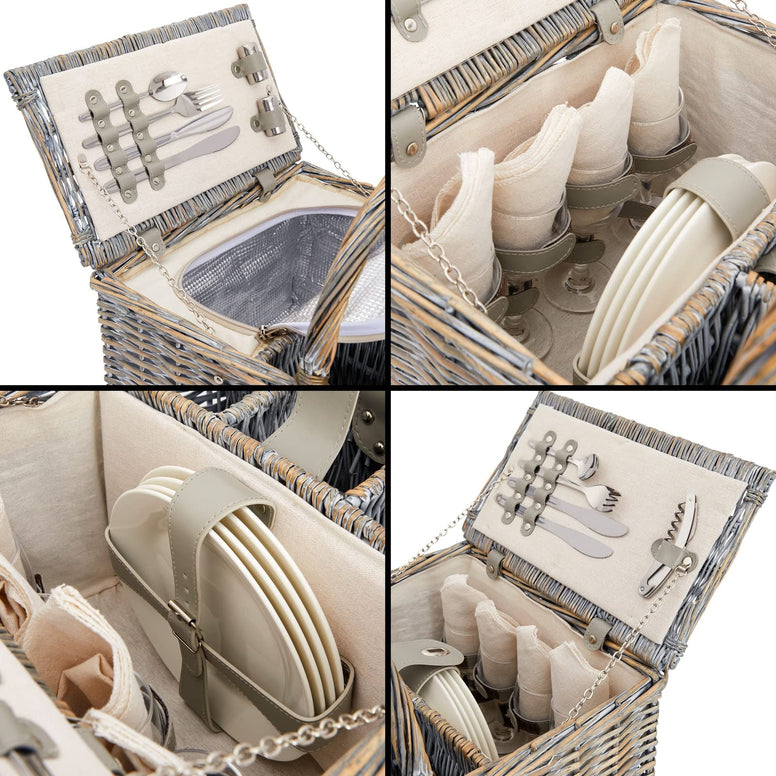 Wicker Picnic Basket Set for 4 with Insulated Cooler Bag, Metal Silverware, Salt/Pepper Shakers, and Corkscrew Wine Bottle Opener, Ceramic Plates, Glass Wine Glasses, and Cloth Napkins (Gray)