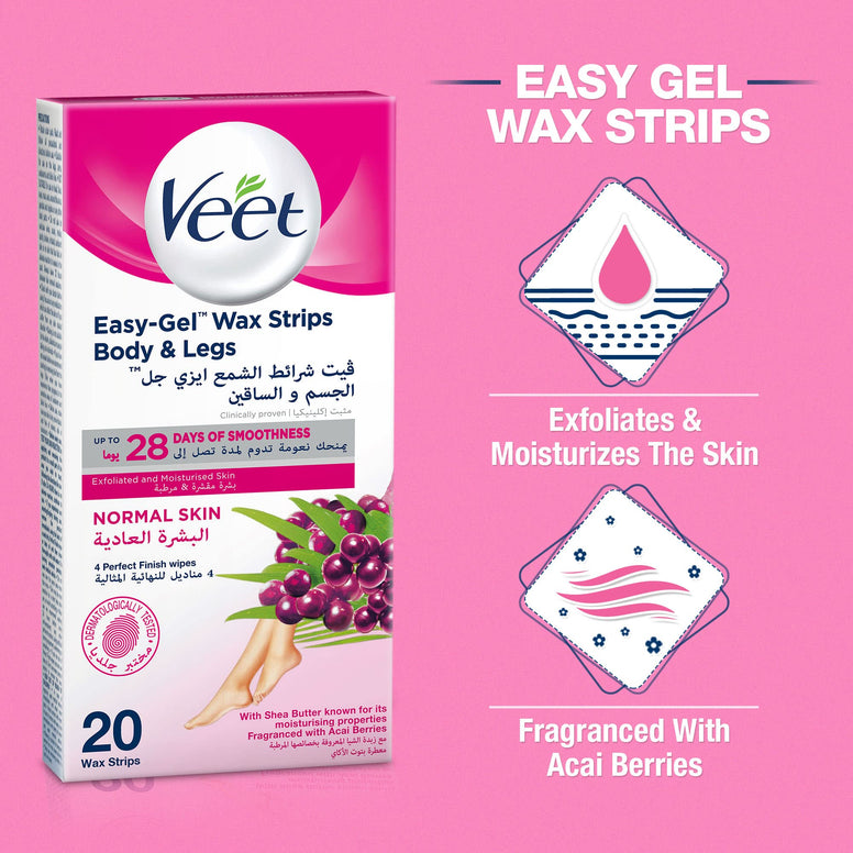 Veet Hair Removal Easy-Gel Wax Strips Body & Legs for Normal Skin, Moisturising Shea Butter and Acai Berries Scent – 20 Wax Strips, Twin Pack