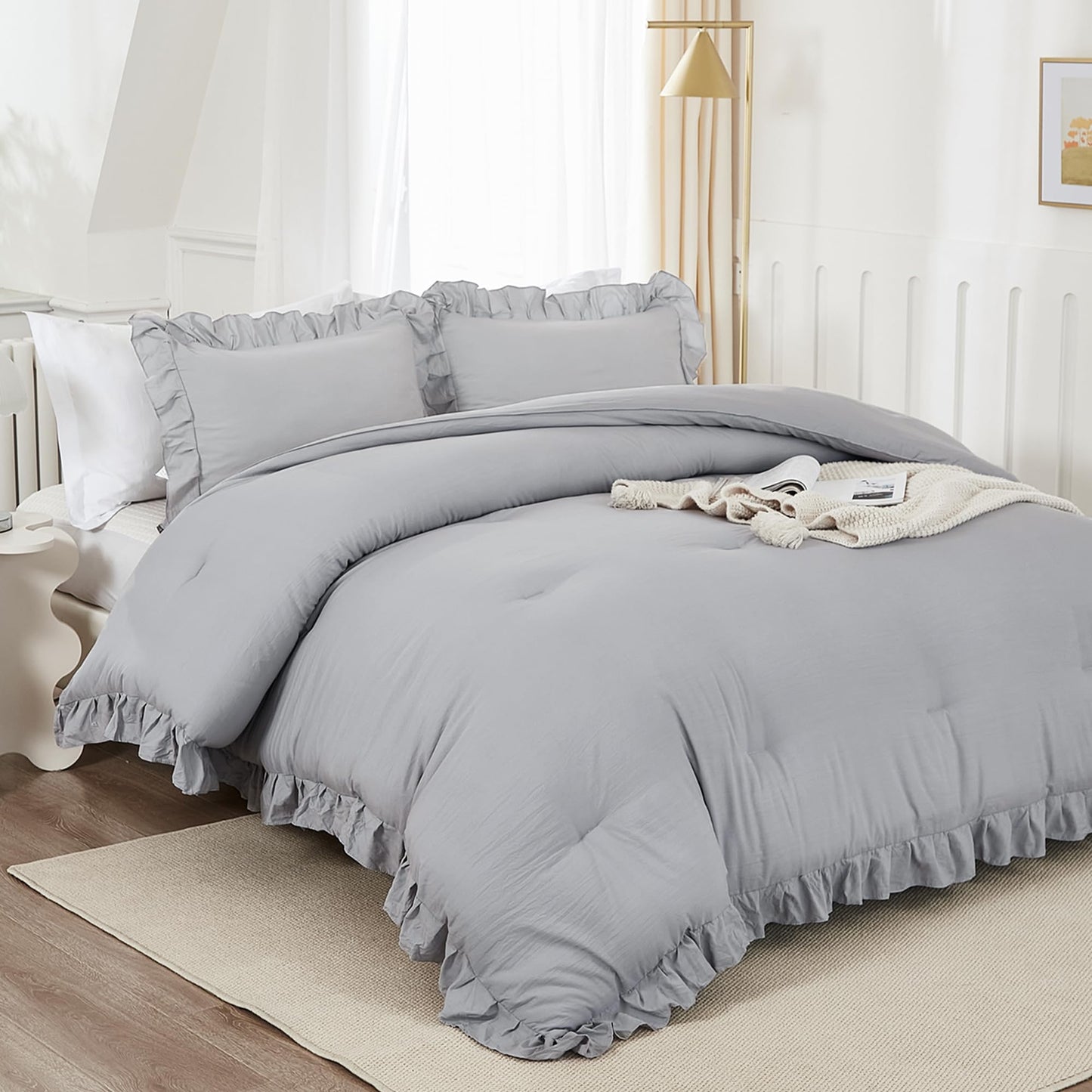 Andency Silver Gray Comforter Set King, 3 Pieces Farmhouse Shabby Chic Ruffle Comforter, Lightweight Fluffy Soft Microfiber All Season Solid Bed Comforter Set (1 Ruffle Comforter & 2 Pillowcases)