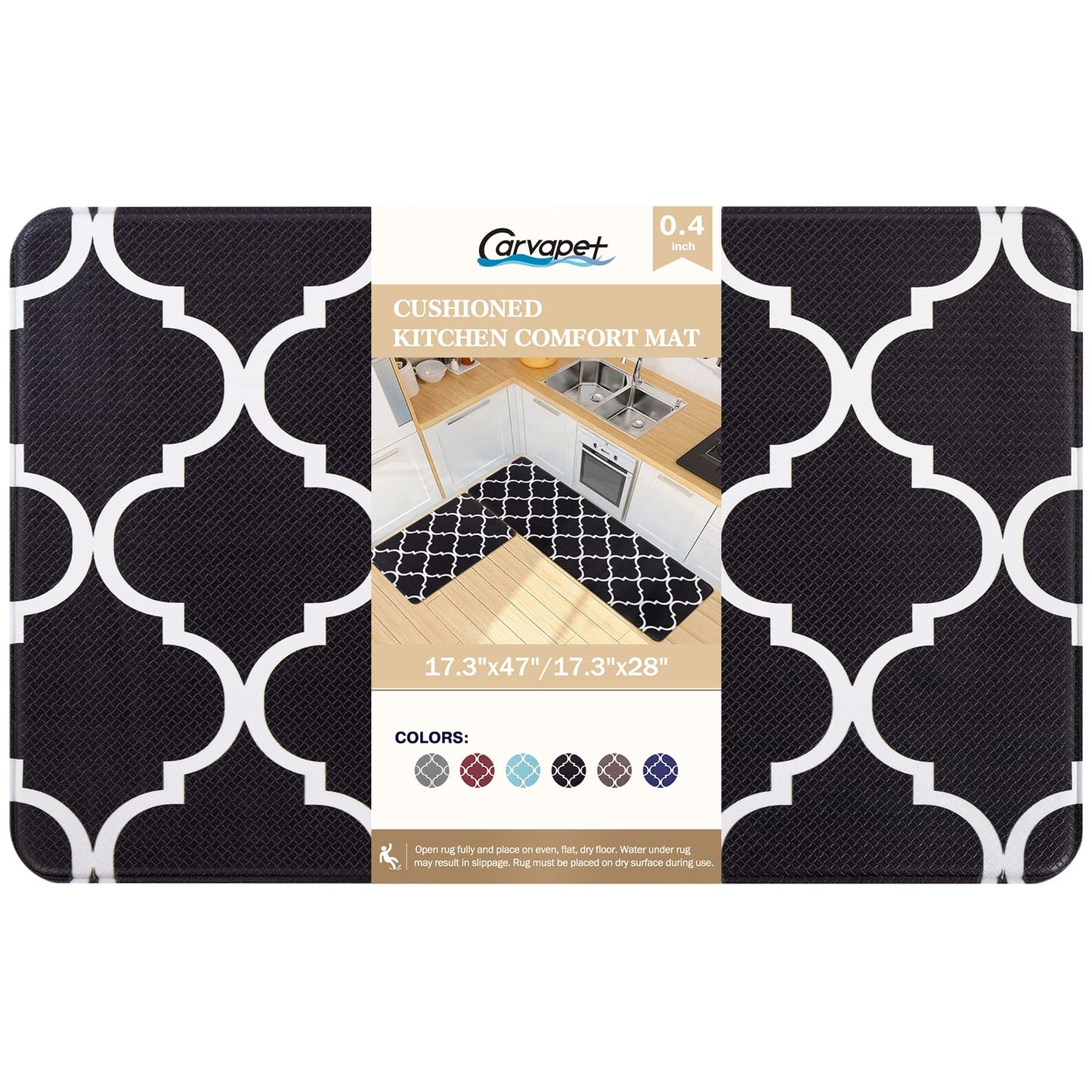 Carvapet Moroccan Trellis Kitchen Mat Waterproof Non-Slip Rugs Cushioned Anti-Fatigue Kitchen Rug Heavy Duty PVC Ergonomic Comfort Standing Foam Mats for Office Laundry, Black, 17.3''x27.5''