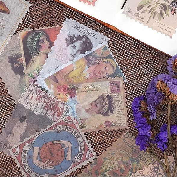 Vintage Postage Stamp Stickers, Aesthetic Classical Beauty Deco Paper Sticker for Scrapbooking, Journaling Supplies, Planners, Kid DIY Art Crafts - 60Pcs
