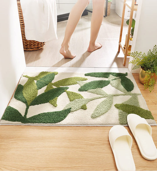 Green Leaves Bath Mats Bathroom Rugs Non-Slip Soft Microfiber Absorbent Machine Washable Entrance Doormat for Bathroom Floor Tub Shower 17.5 X 25.5 Inches