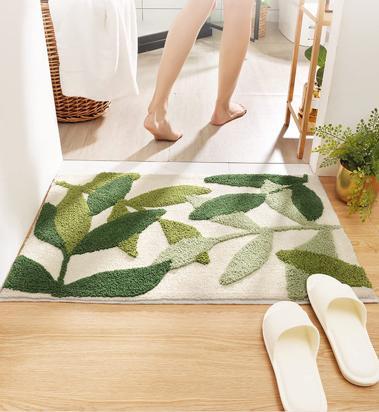 Green Leaves Bath Mats Bathroom Rugs Non-Slip Soft Microfiber Absorbent Machine Washable Entrance Doormat for Bathroom Floor Tub Shower 17.5 X 25.5 Inches