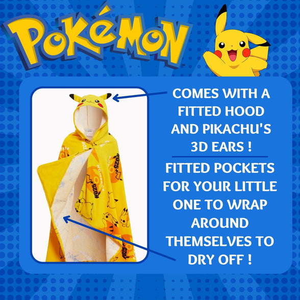 Pikachu Hooded Towel 100% Cotton Kids 3D Ears Dress Up Pikachu Poncho Beach Bath Towel Swimming Wrap