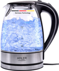 Adlereurope Germany technology ADLER Glass Kettle 2200W 1.7 L BPA Free Blue LED Indicator - safety empty shut off - nano technology fillter 1 year warranty