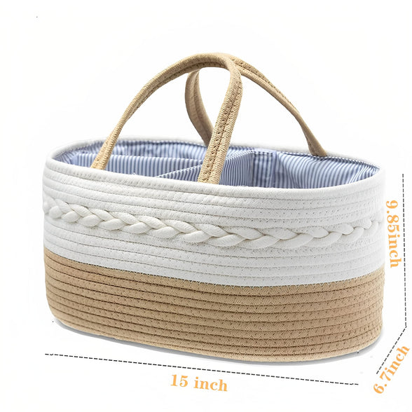 Beauenty Baby Diaper Caddy Organizer,Cotton Rope Diaper Storage Basket with Adjustable Divider,Portable Car Travel Diapers Organizer for Newborn Boys Girls,Large Capacity Baby Baskets for Storage