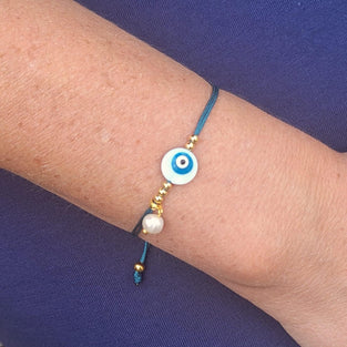 Alwan String Bracelet with an Evil Eye and a Small Pearl - EE3982XG