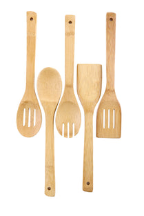 Royalford 5 Pcs Bamboo Kitchen Tools Set - Wooden Solid Turner, Spatula, Slotted Spoon & Turner Kitchen Essentials Cooking Utensils Tool Set | Cutlery Set for Natural and Eco-Friendly Cooking Tools